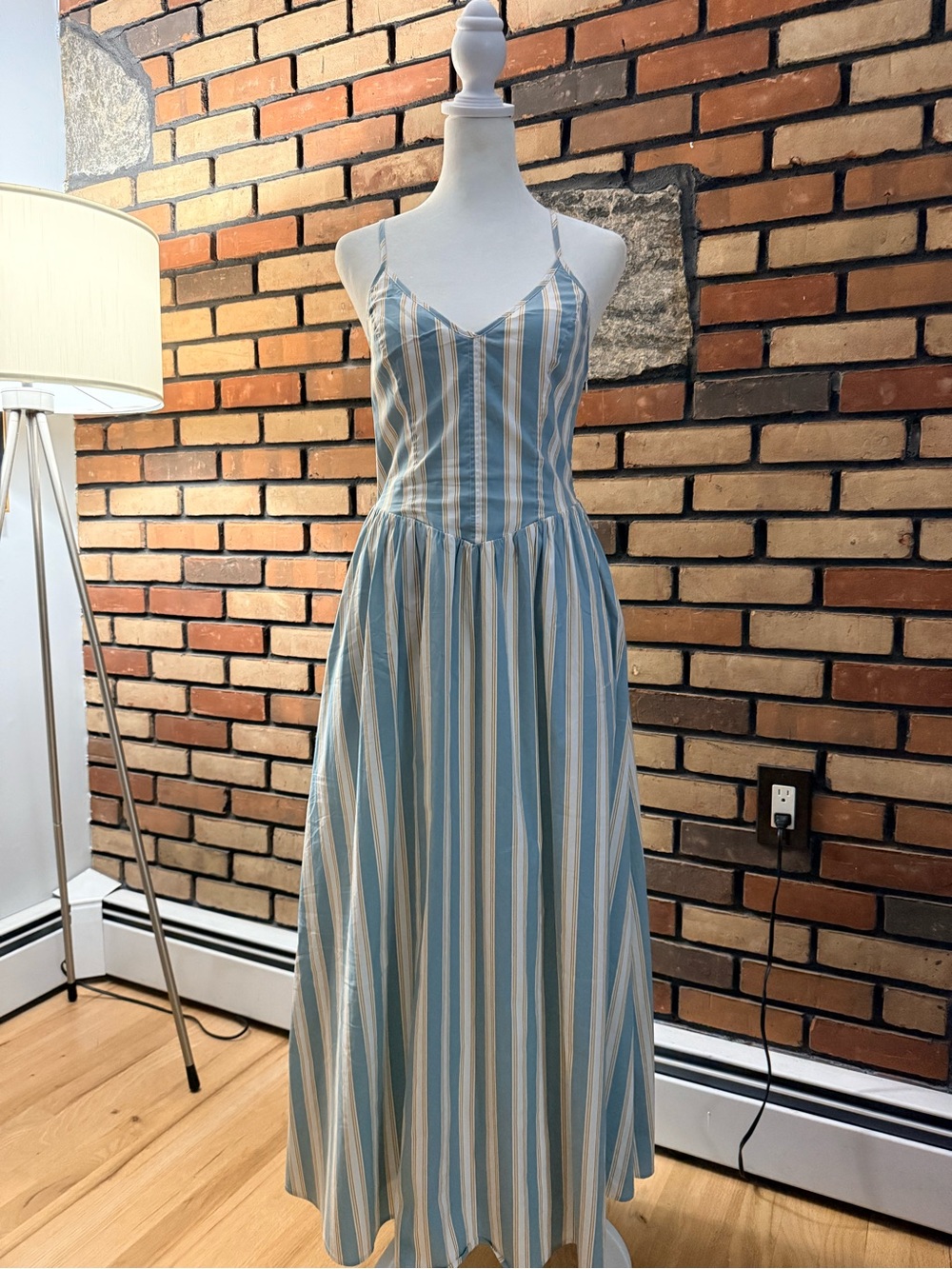 Wayf Blue and White Vertical Stripe Maxi Dress